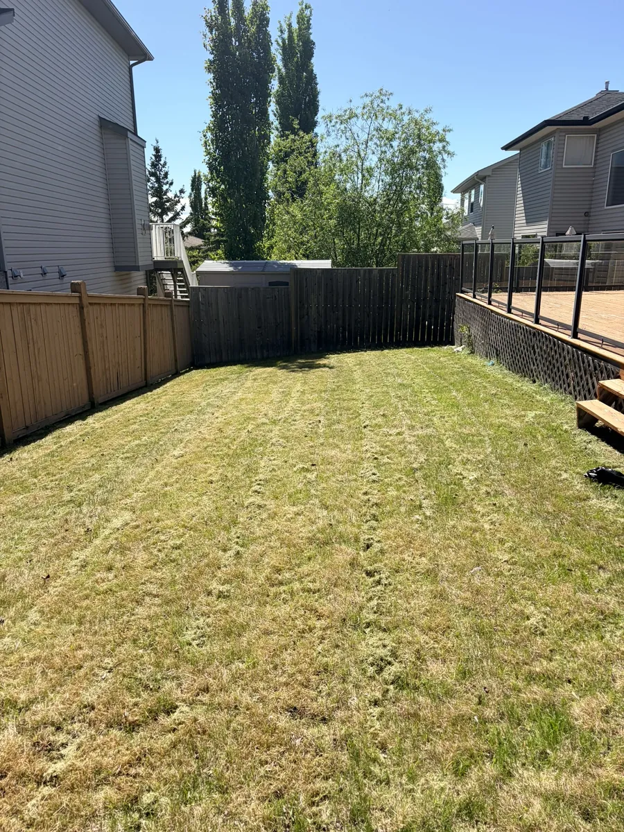 Same backyard mowed clean and tidy by Edge Property Services