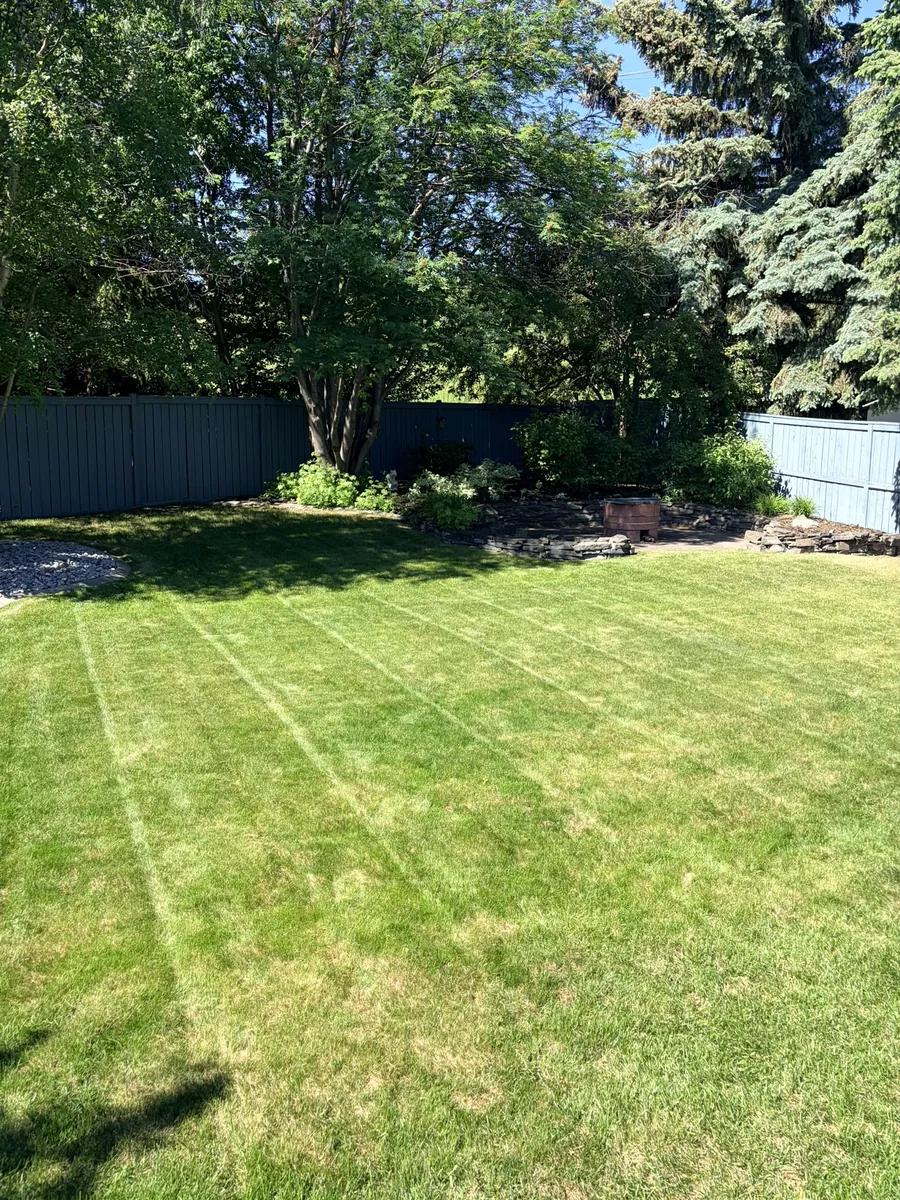 Freshly mowed backyard with crisp mowing stripes — Calgary lawn care by Edge Property Services